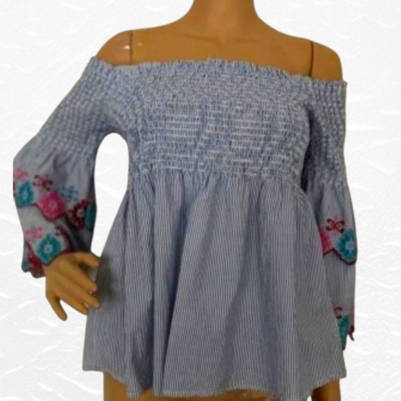 LOFT Tops - Loft Off-Shoulder Striped Top with 3/4 Embroidered Sleeves